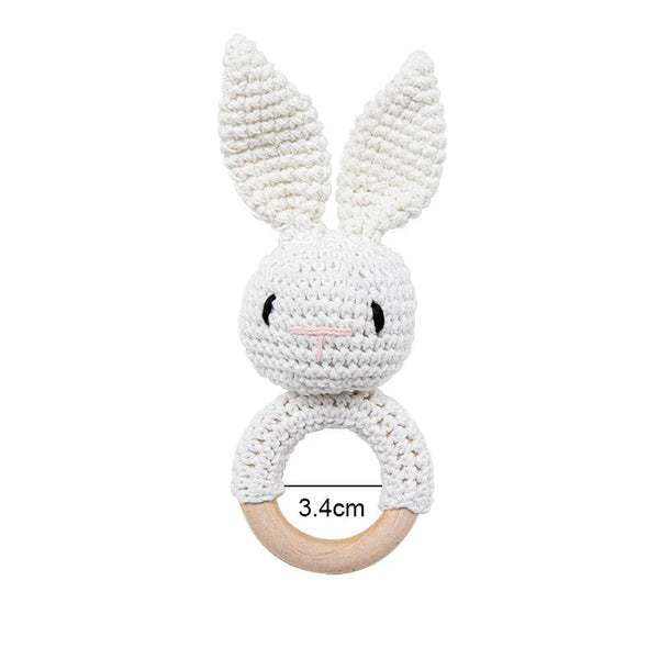 Weißer Hase | Baby Rasselspielzeug mit Holzring für Kinder