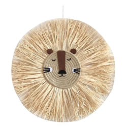Süßes Tierkopf Ornament | Handgewebter Raffia Löwe Wandteppich